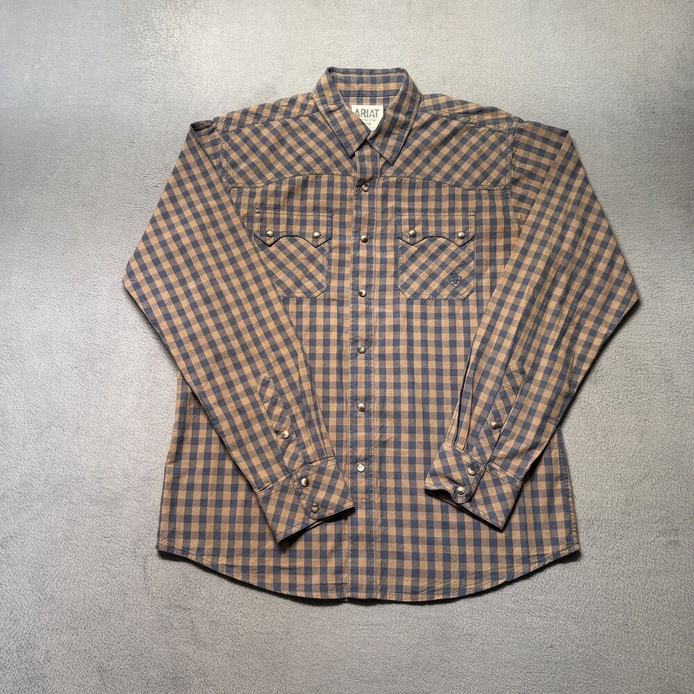 Ariat Retro Fit Men’s M Western Pearl Snap Long Sleeve Plaid Shirt Blue Brown